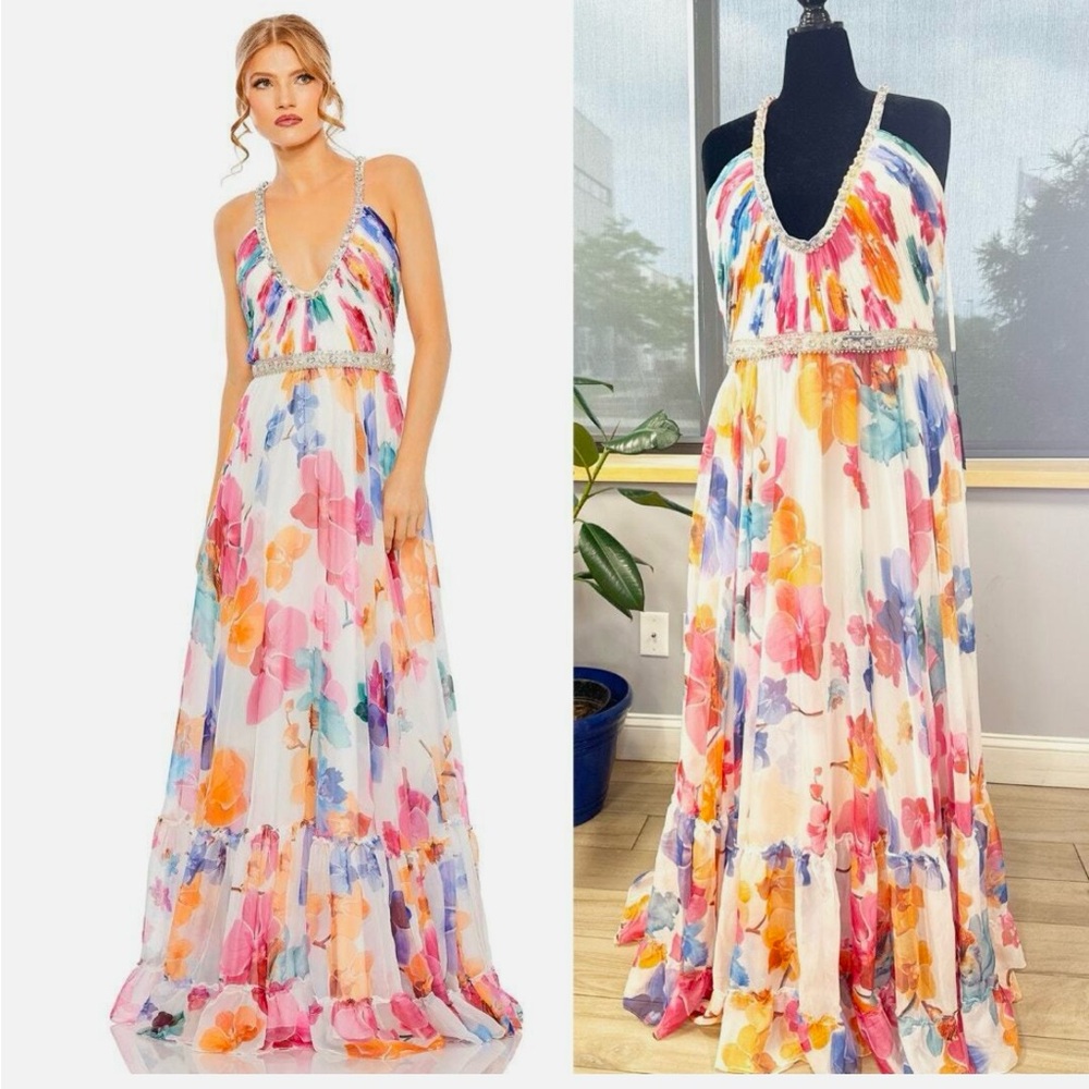 Stunning Ieena for Mac Duggal gown Style #2219. White gown w/ colored orchids